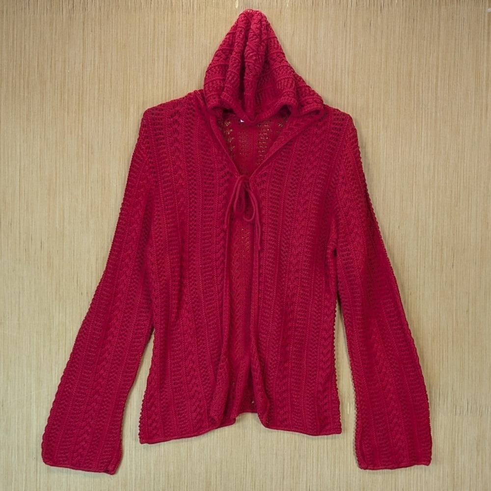 Womens Vintage Y2K Red Pointelle Knit Hooded Cardigan Tie Front Cotton Sweater L